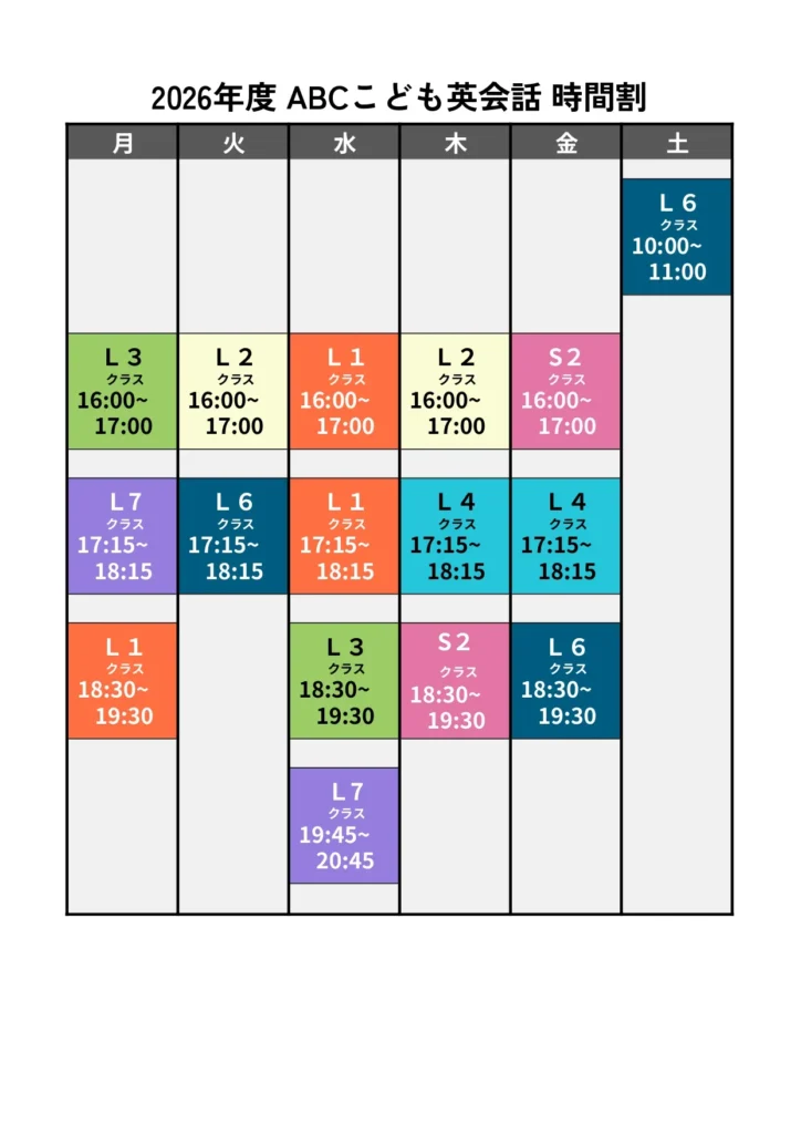 2026年度ABCこども英会話時間割